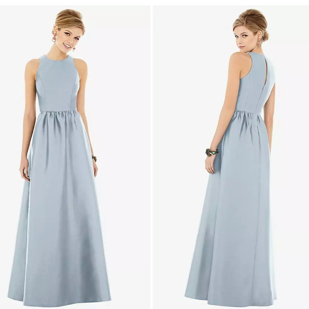 Alfred Sung, satin twill in smoke blue, size 14